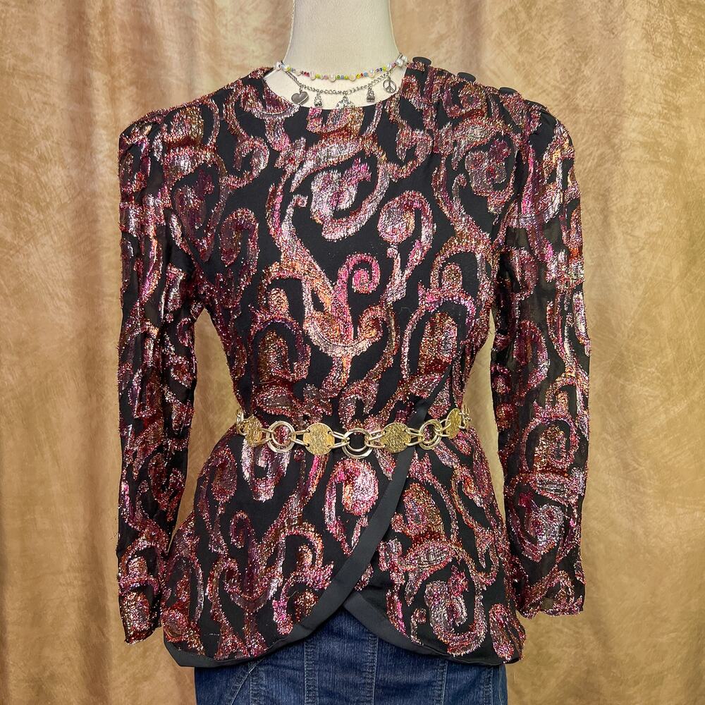 Vintage 80s Metallic Wrap Top Paisley Swirl Wrap Blouse Disco Party Couture